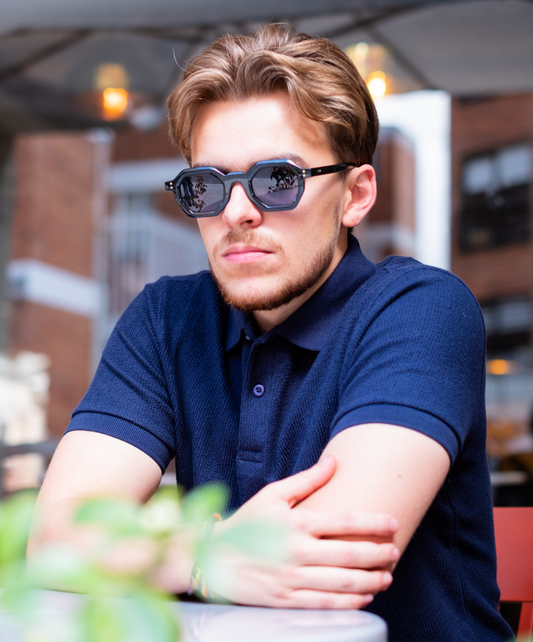 Azul Oscuro Jacquard Manga Corta