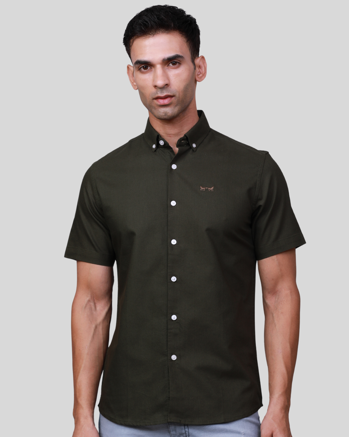 Camisa Oxford Manga Corta Verde Militar