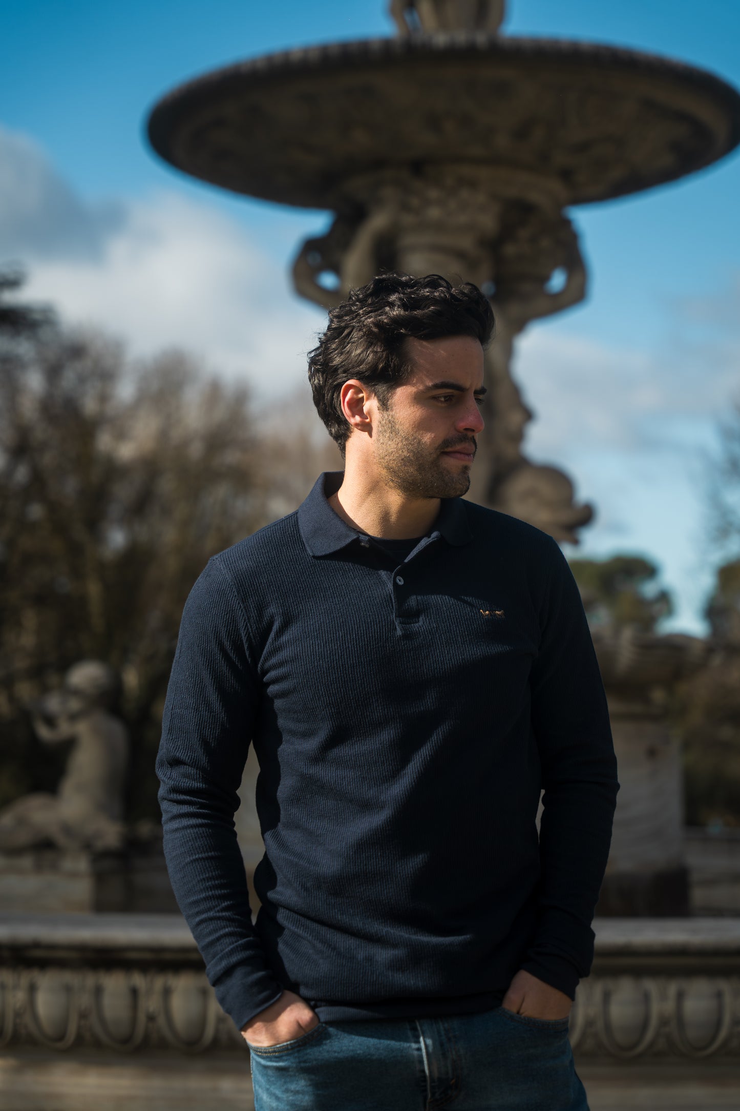 Polo Manga Larga Jacquard Negra